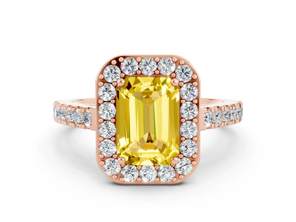 Rose gold Emerald Cut Yellow Sapphire Halo Ring with Round Pavé Split Shank and Prong Setting