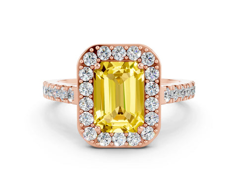 Rose gold Emerald Cut Halo Diamond Ring with Pavé Band and Three-Prong Setting
