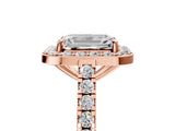 Rose gold Emerald Cut Halo Diamond Ring with Pavé Band and Three-Prong Setting_8