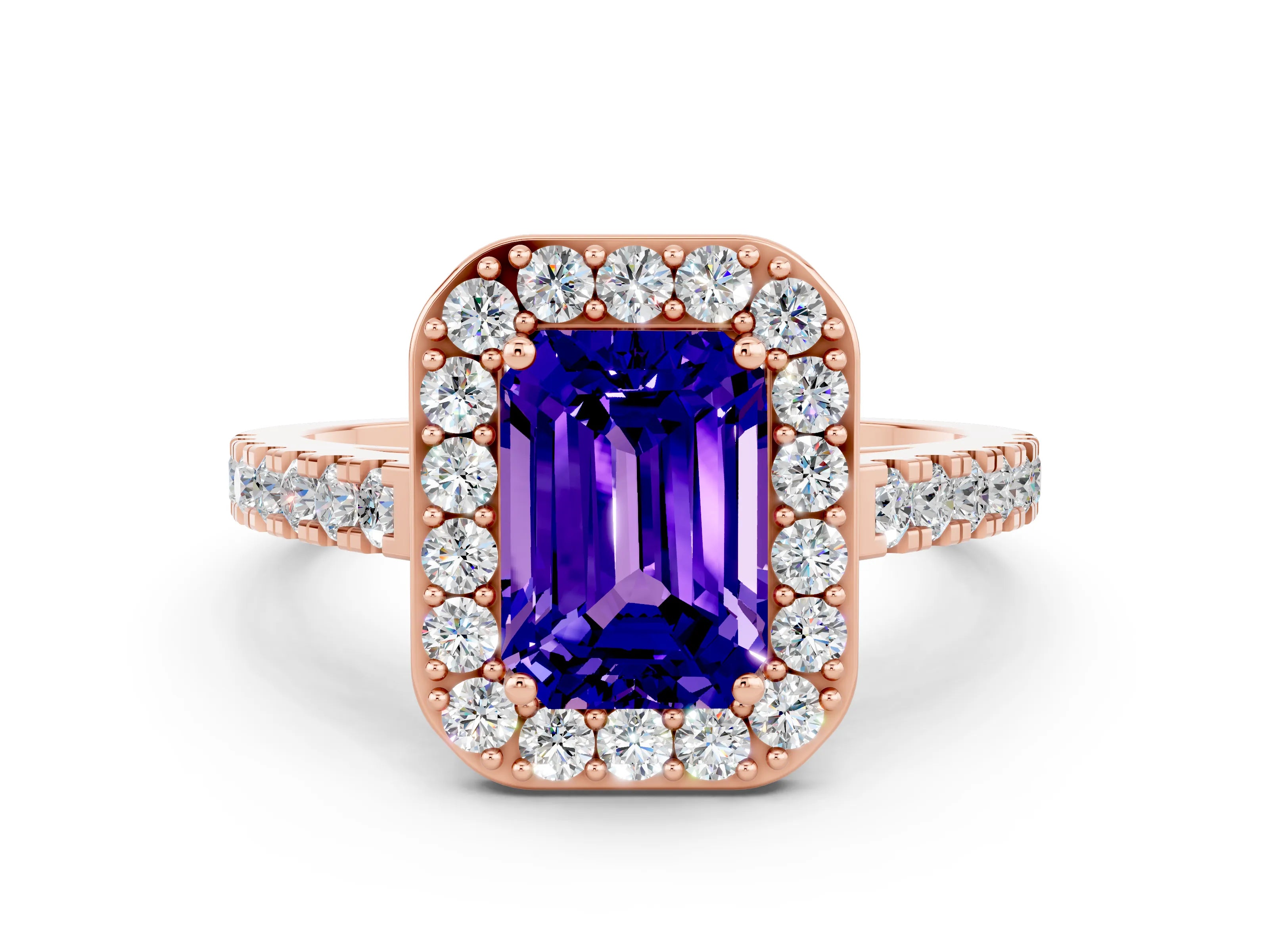 Rose gold Emerald Cut Halo Diamond Ring with Pavé Band and Three-Prong Setting