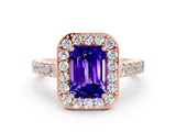Rose gold Emerald Cut Halo Diamond Ring with Pavé Band and Three-Prong Setting