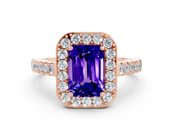 Rose gold Emerald Cut Tanzanite Halo Ring with Round Pavé Split Shank and Prong Setting
