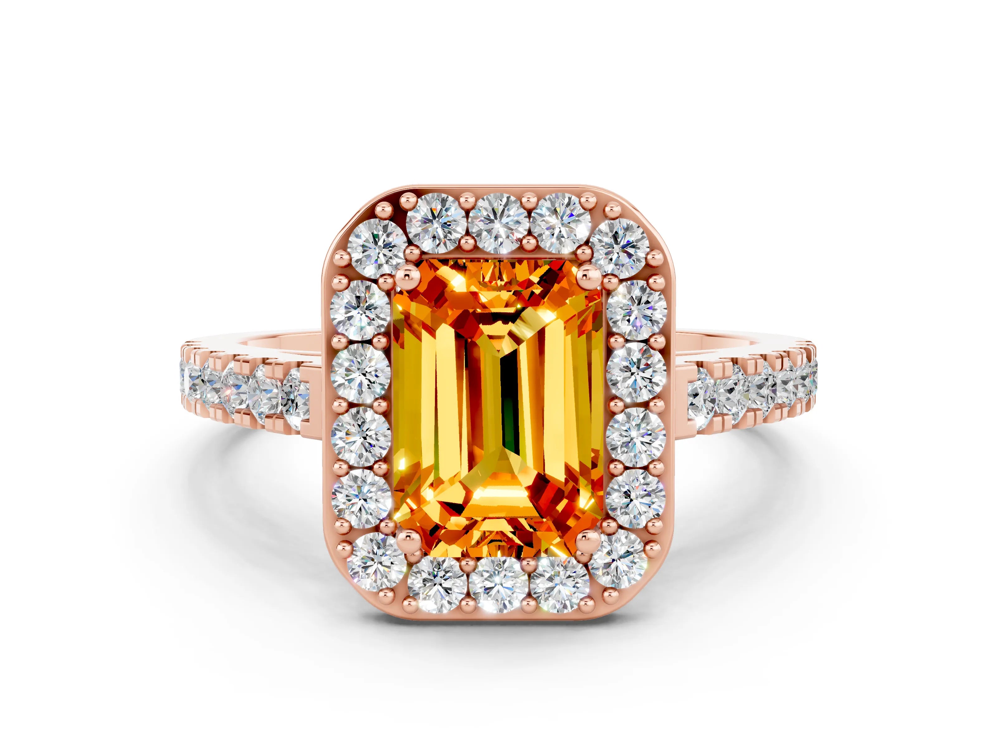 Rose gold Emerald Cut Halo Diamond Ring with Pavé Band and Three-Prong Setting
