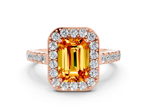 Rose gold Emerald Cut Citrine Halo Ring with Round Pavé Split Shank and Prong Setting