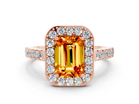 Rose gold Emerald Cut Halo Diamond Ring with Pavé Band and Three-Prong Setting