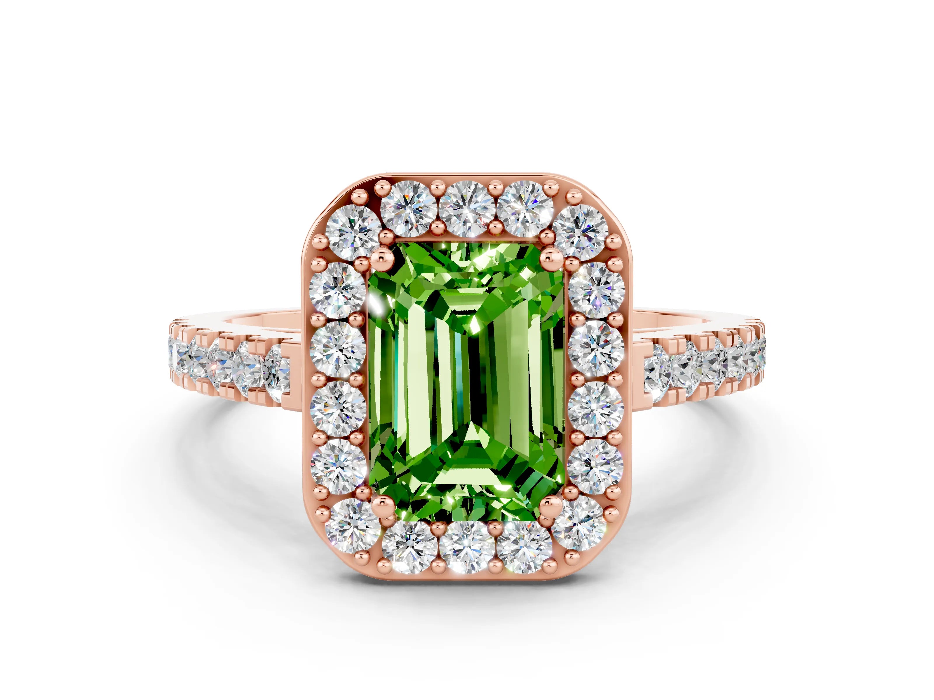 Rose gold Emerald Cut Halo Diamond Ring with Pavé Band and Three-Prong Setting