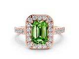 Rose gold Emerald Cut Halo Diamond Ring with Pavé Band and Three-Prong Setting