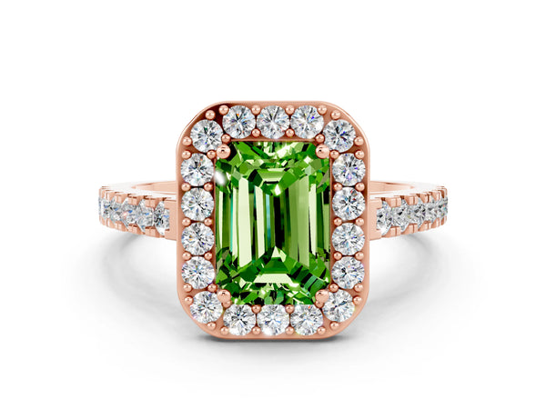 Rose gold Emerald Cut Halo Diamond Ring with Pavé Band and Three-Prong Setting