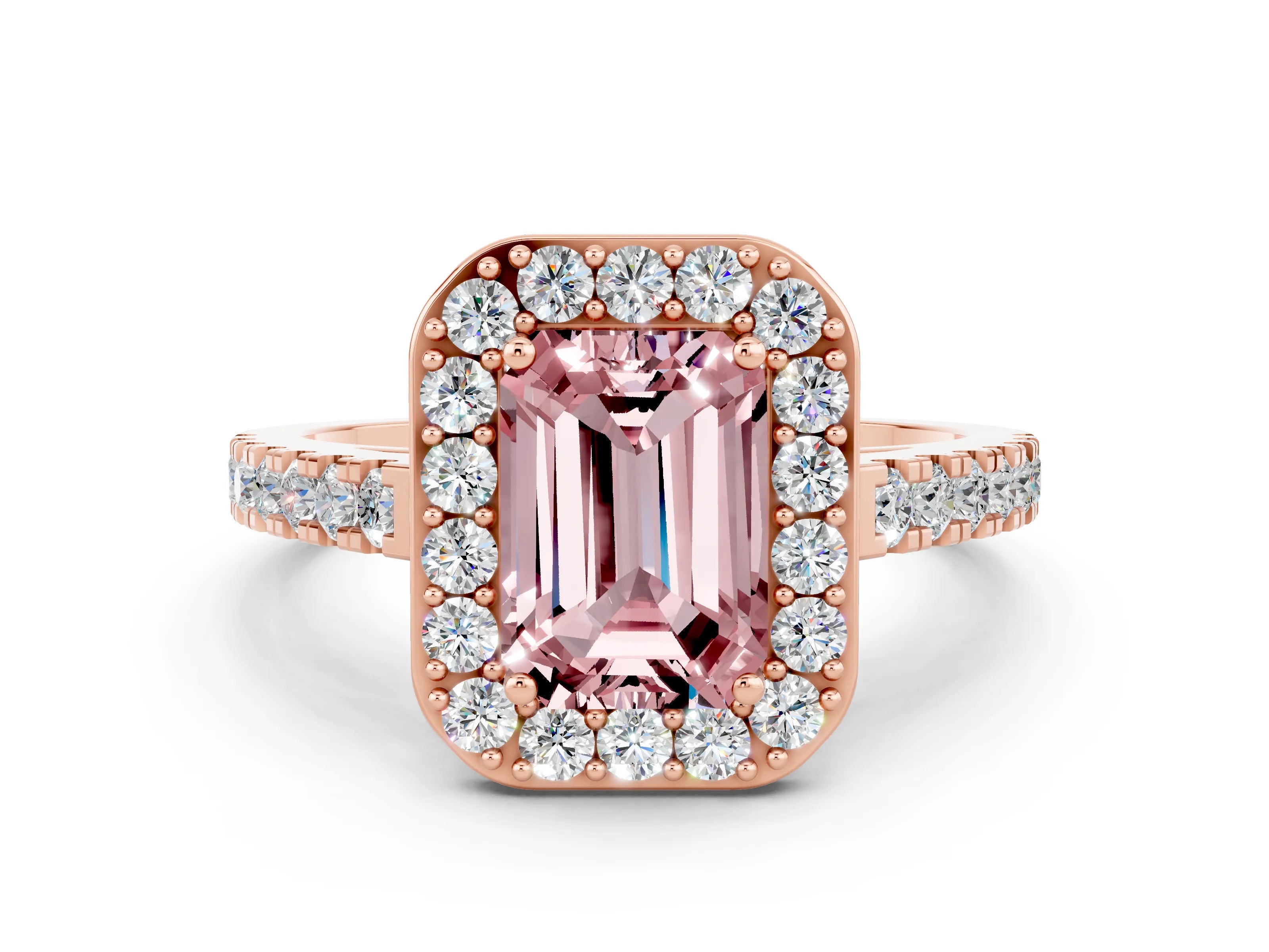 Rose gold Emerald Cut Halo Diamond Ring with Pavé Band and Three-Prong Setting