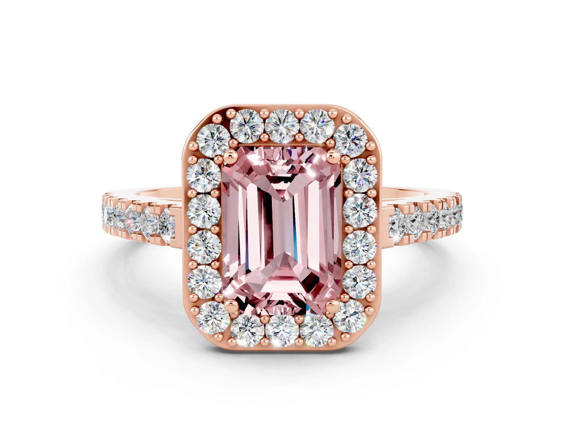 Rose gold Emerald Cut Halo Diamond Ring with Pavé Band and Three-Prong Setting