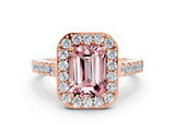Rose gold Emerald Cut Halo Diamond Ring with Pavé Band and Three-Prong Setting
