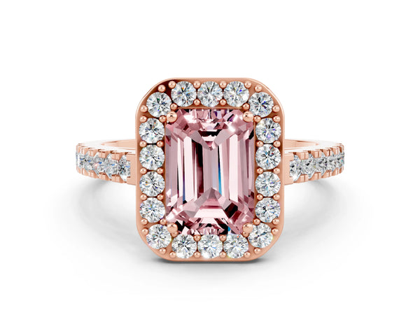 Rose gold Emerald Cut Halo Diamond Ring with Pavé Band and Three-Prong Setting