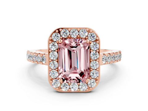 Rose gold Emerald Cut Halo Diamond Ring with Pavé Band and Three-Prong Setting