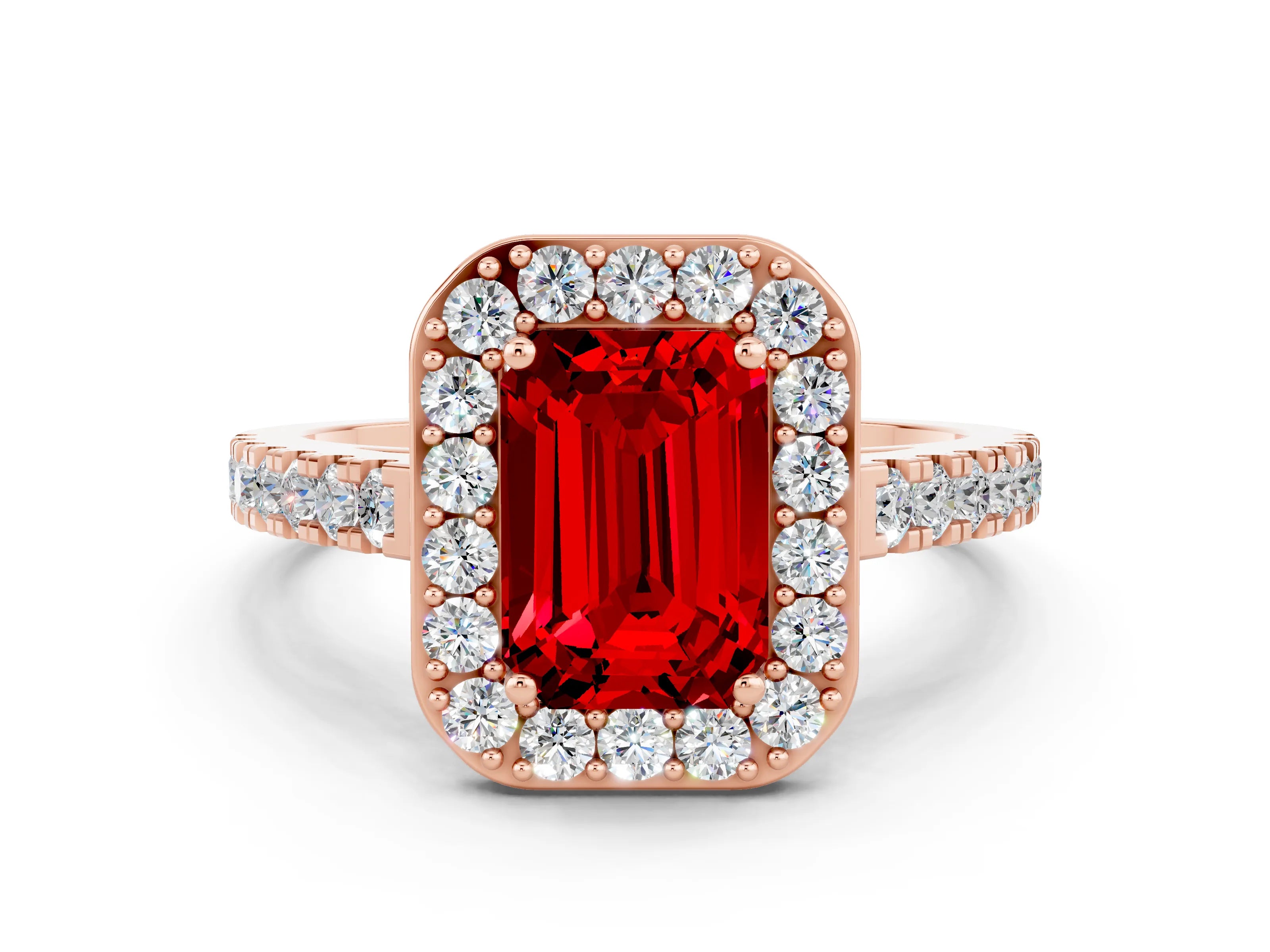 Rose gold Emerald Cut Halo Diamond Ring with Pavé Band and Three-Prong Setting