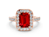 Rose gold Emerald Cut Halo Diamond Ring with Pavé Band and Three-Prong Setting