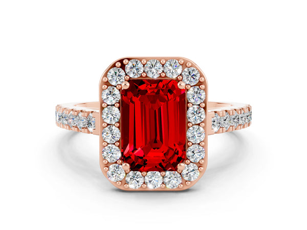 Rose gold Emerald Cut Ruby Halo Ring with Round Pavé Split Shank and Prong Setting