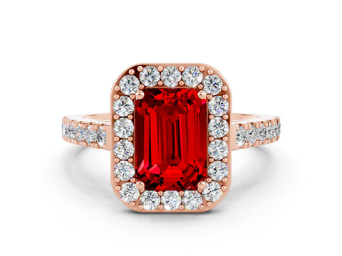 Rose gold Emerald Cut Halo Diamond Ring with Pavé Band and Three-Prong Setting