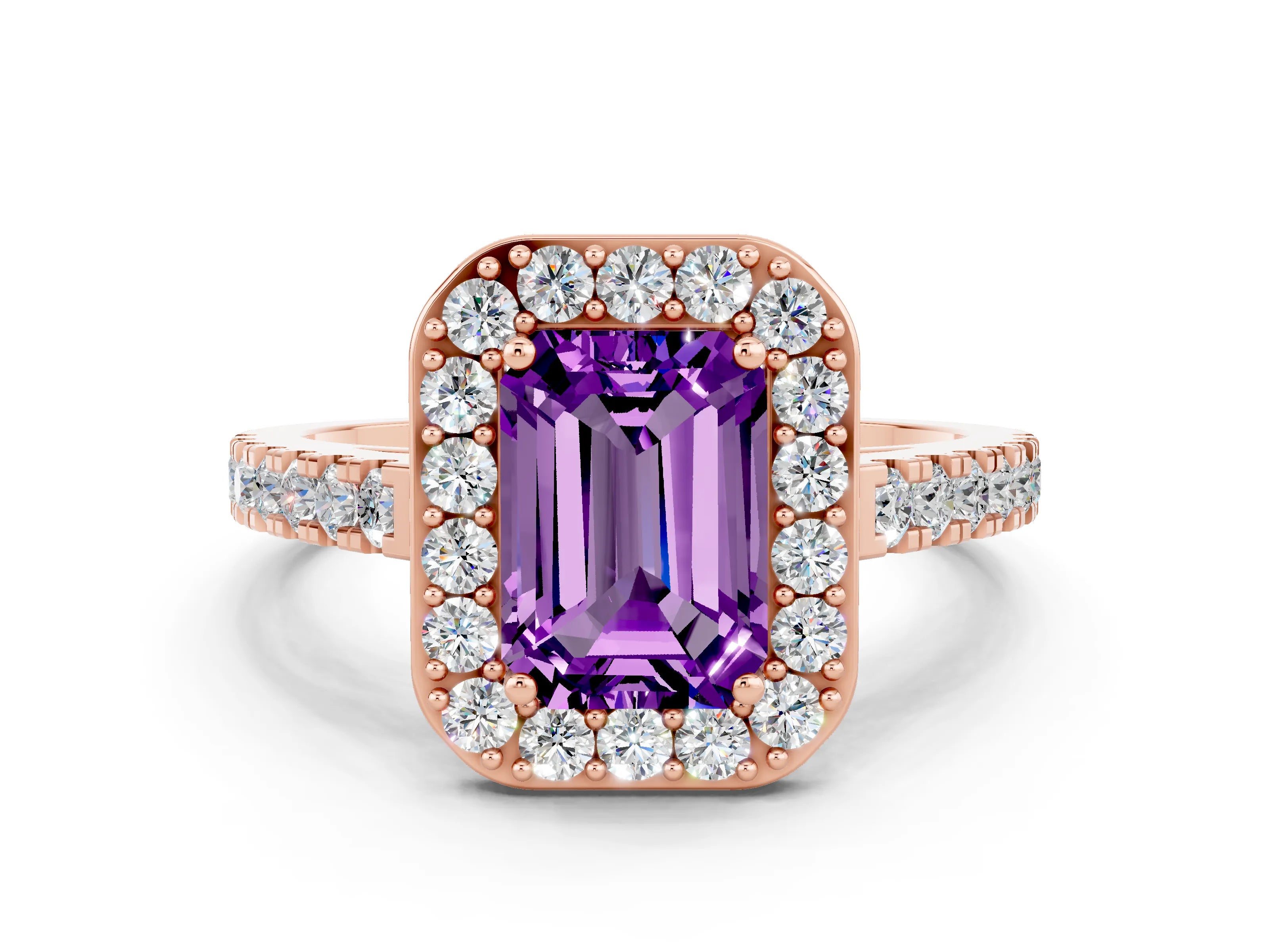 Rose gold Emerald Cut Halo Diamond Ring with Pavé Band and Three-Prong Setting