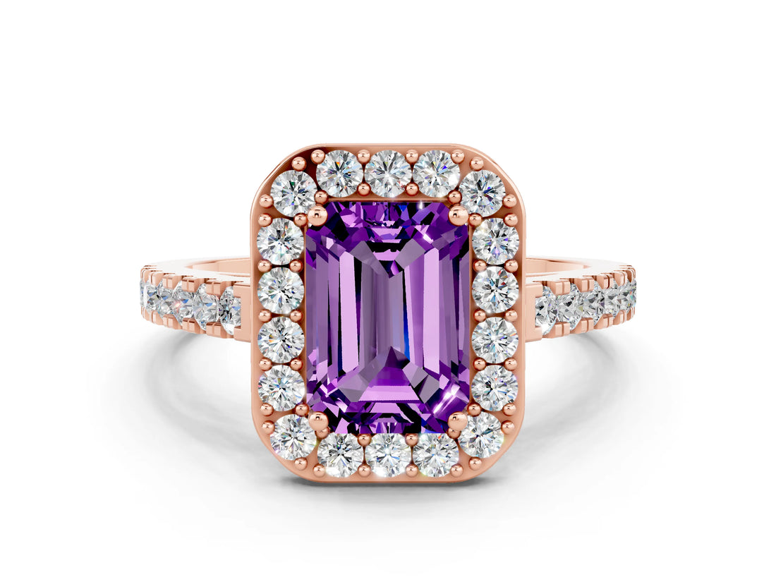 Rose gold Emerald Cut Halo Diamond Ring with Pavé Band and Three-Prong Setting
