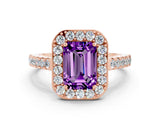 Rose gold Emerald Cut Halo Diamond Ring with Pavé Band and Three-Prong Setting