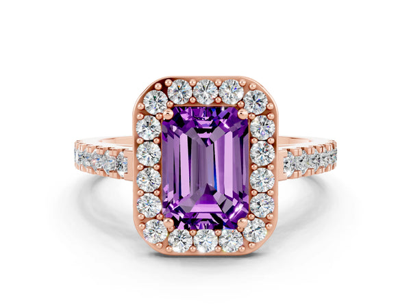 Rose gold Emerald Cut Amethyst Halo Ring with Round Pavé Split Shank and Prong Setting