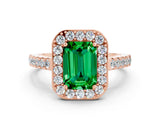 Rose gold Emerald Cut Halo Diamond Ring with Pavé Band and Three-Prong Setting