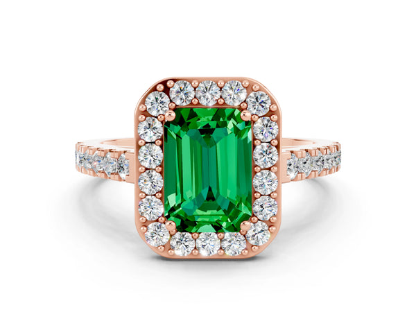 Rose gold Emerald Cut Emerald Halo Ring with Round Pavé Split Shank and Prong Setting