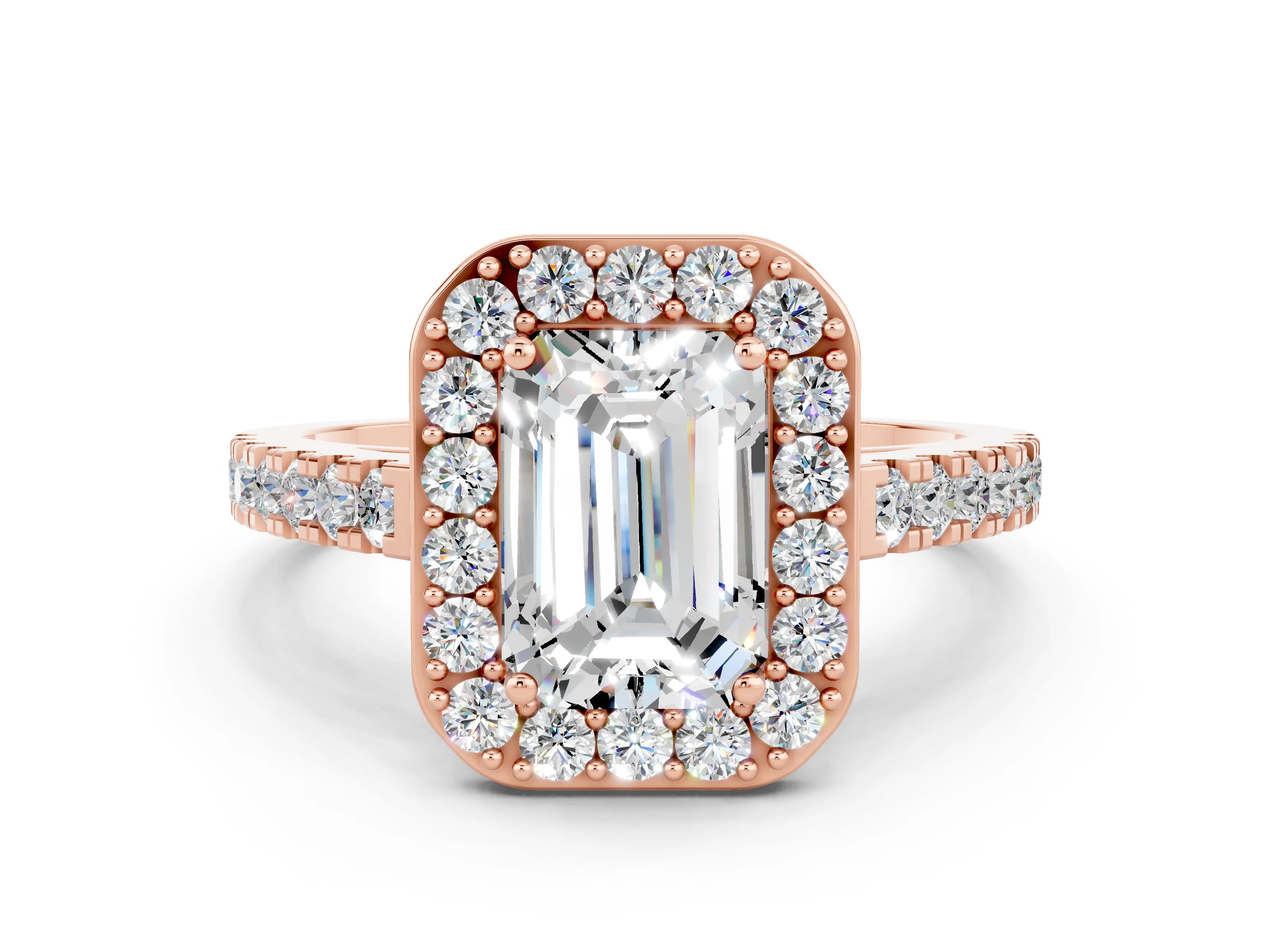 Rose gold Emerald Cut Halo Diamond Ring with Pavé Band and Three-Prong Setting