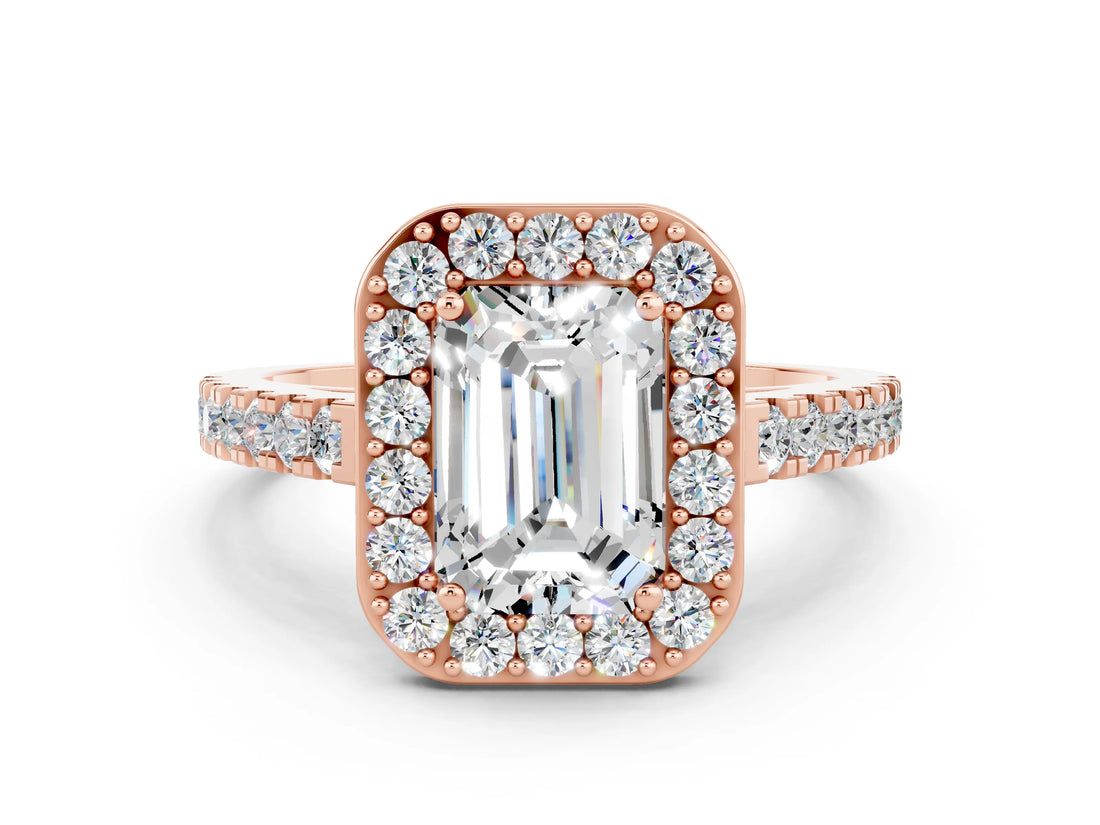 Rose gold Emerald Cut Halo Diamond Ring with Pavé Band and Three-Prong Setting