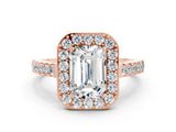 Rose gold Emerald Cut Halo Diamond Ring with Pavé Band and Three-Prong Setting