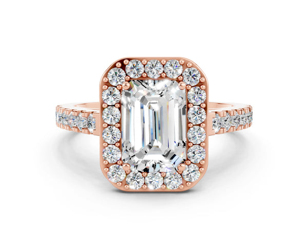 Rose gold Emerald Cut Moissanite Halo Ring with Round Pavé Split Shank and Prong Setting