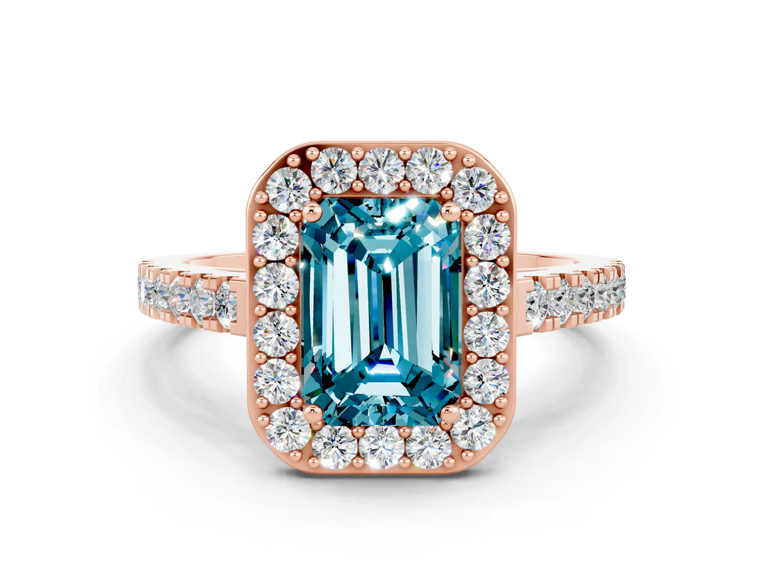 Rose gold Emerald Cut Halo Diamond Ring with Pavé Band and Three-Prong Setting