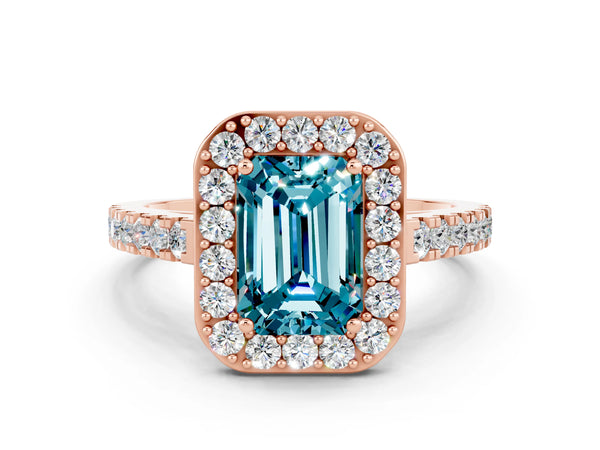 Rose gold Emerald Cut Halo Diamond Ring with Pavé Band and Three-Prong Setting