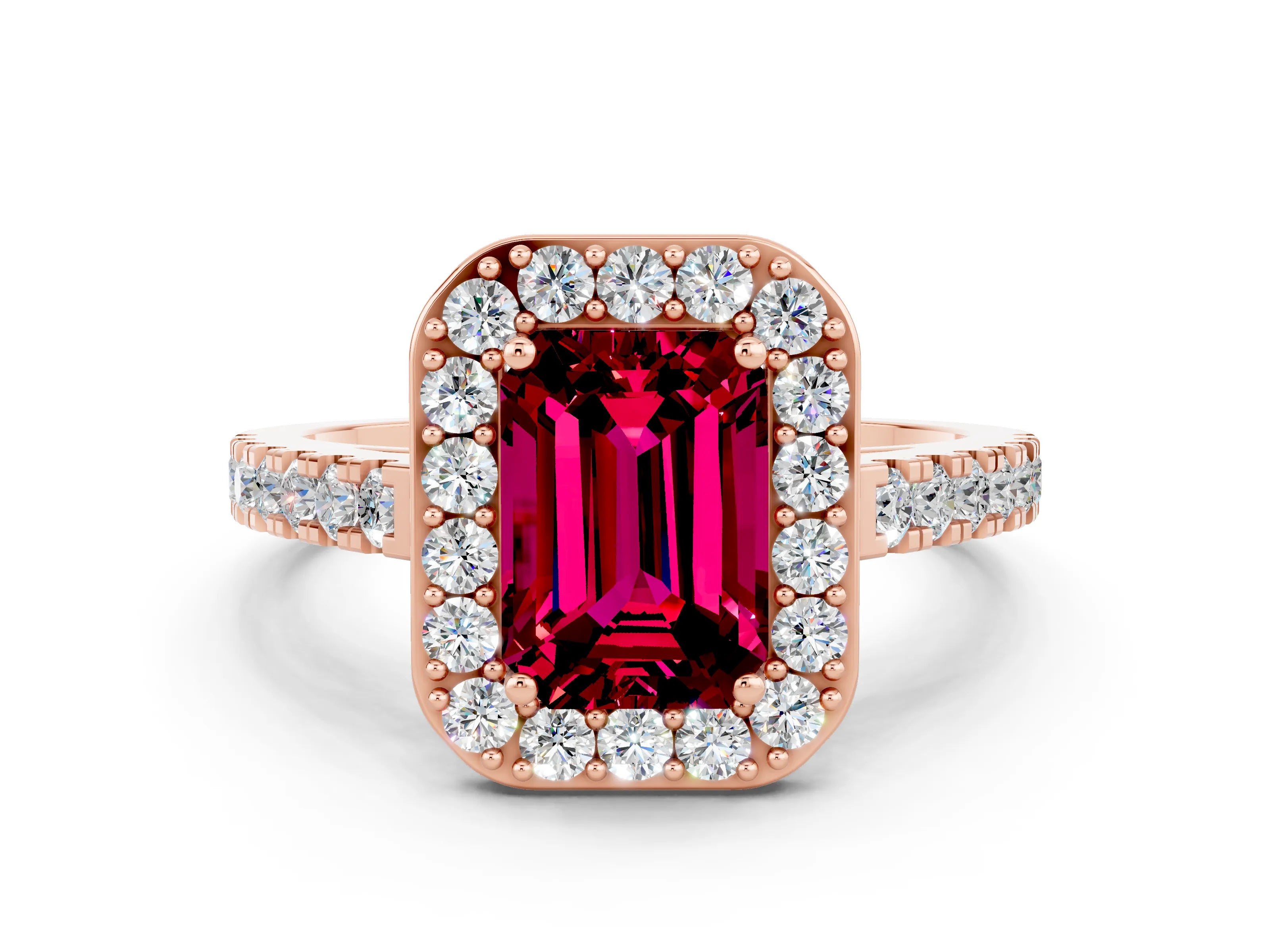 Rose gold Emerald Cut Halo Diamond Ring with Pavé Band and Three-Prong Setting