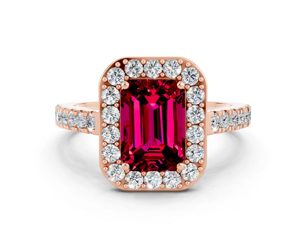 Rose gold Emerald Cut Garnet Halo Ring with Round Pavé Split Shank and Prong Setting