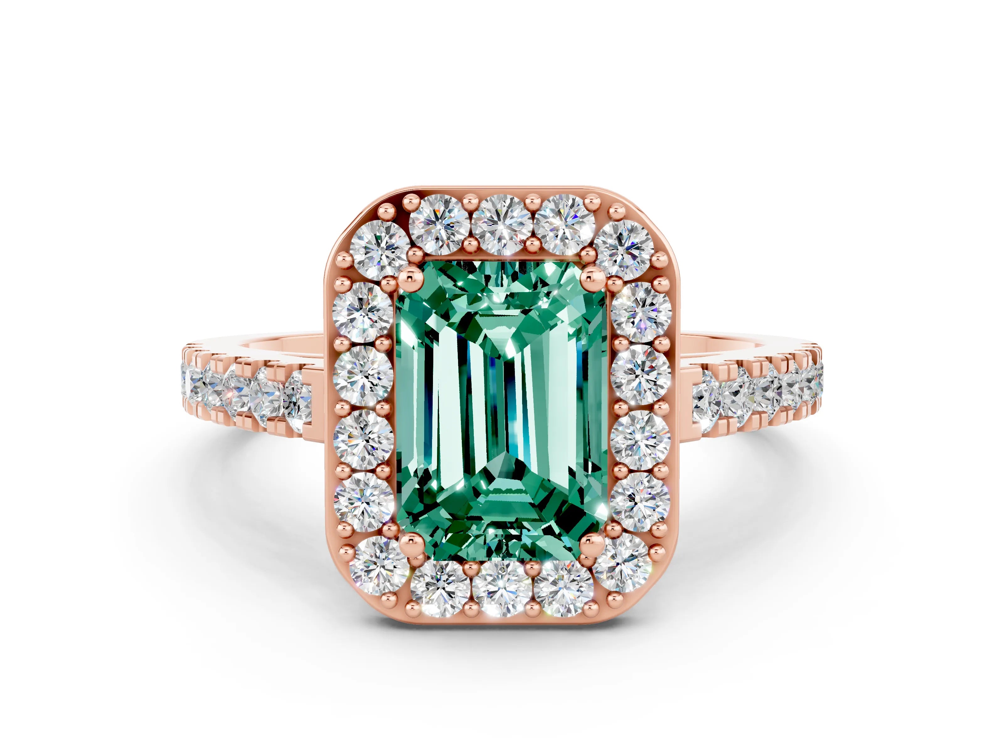 Rose gold Emerald Cut Halo Diamond Ring with Pavé Band and Three-Prong Setting
