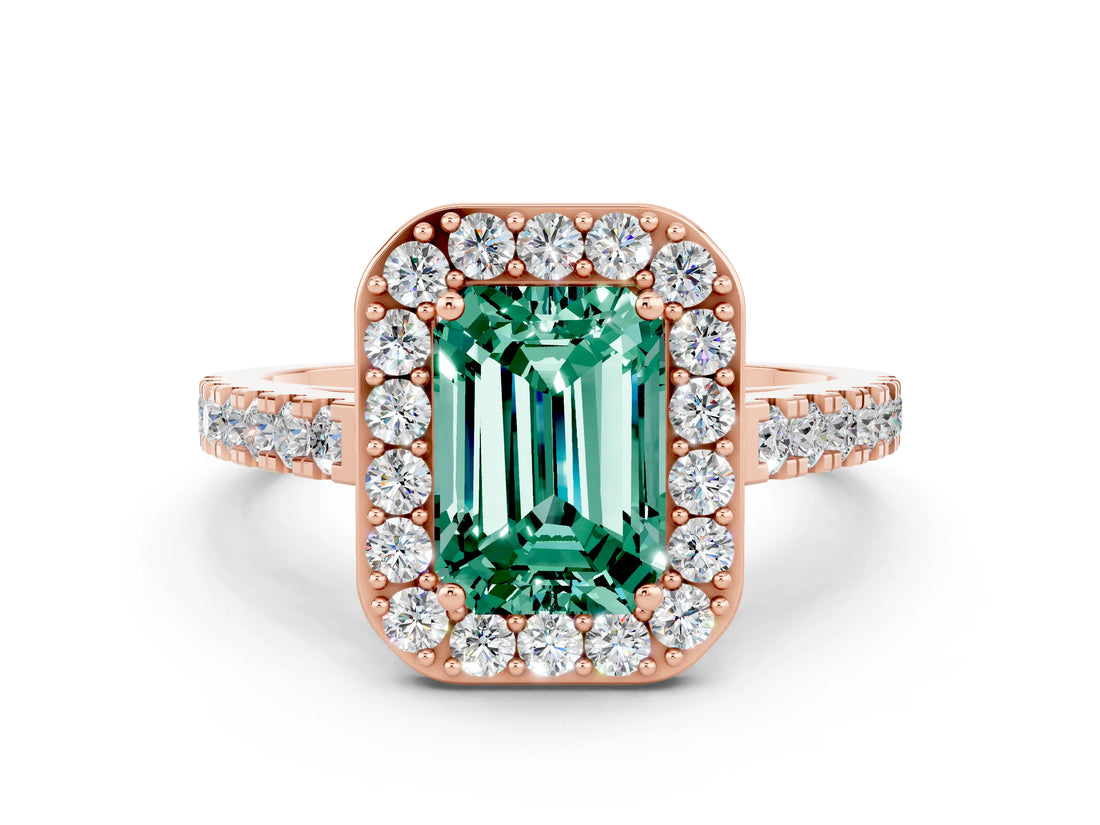 Rose gold Emerald Cut Halo Diamond Ring with Pavé Band and Three-Prong Setting