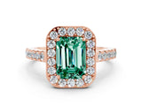 Rose gold Emerald Cut Halo Diamond Ring with Pavé Band and Three-Prong Setting