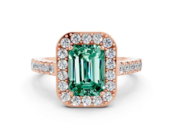 Rose gold Emerald Cut Green Sapphire Halo Ring with Round Pavé Split Shank and Prong Setting