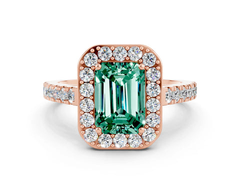 Rose gold Emerald Cut Halo Diamond Ring with Pavé Band and Three-Prong Setting