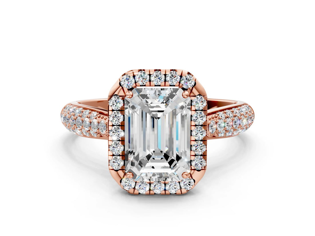 Rose gold Emerald Cut Halo Diamond Ring with Pavé Band_15
