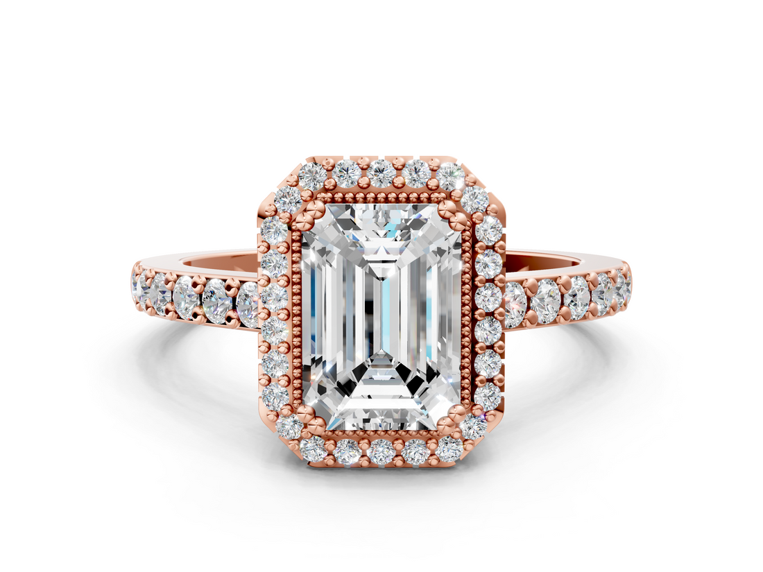 Rose gold Emerald Cut Halo Diamond Ring with Pave Band and Four-Prong Setting_37