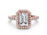 Rose gold Emerald Cut Halo Diamond Ring with Pave Band and Four-Prong Setting_37