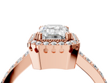 Rose gold Emerald Cut Halo Diamond Ring with Pave Band and Four-Prong Setting_41