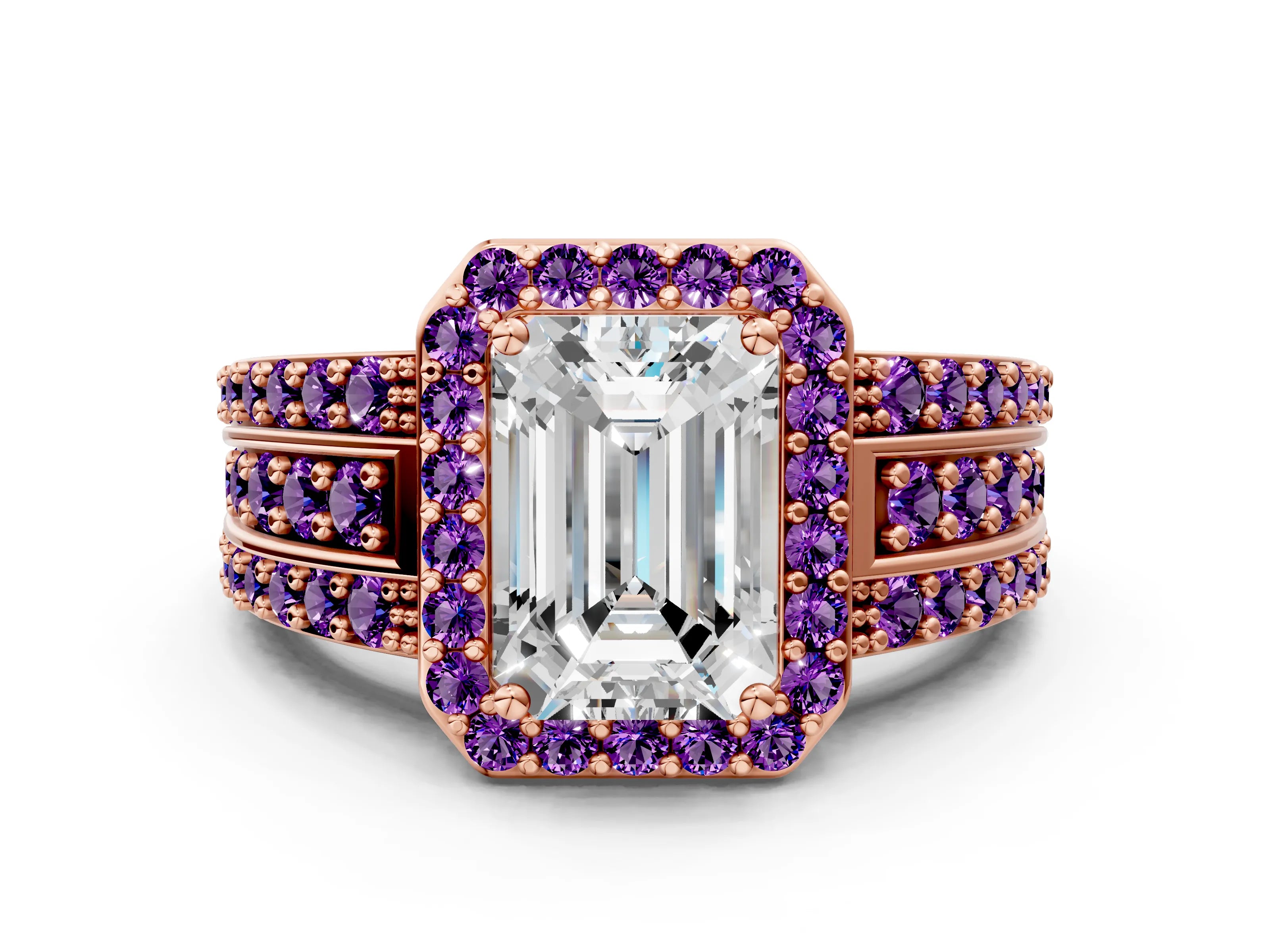 Rose gold Emerald Cut Halo Diamond Ring with Round with Amethyst side stone Split Shank and Prong Setting