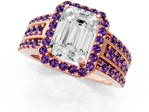 Rose gold Emerald Cut Halo Diamond Ring with Round with Amethyst side stone Split Shank and Prong Setting_1