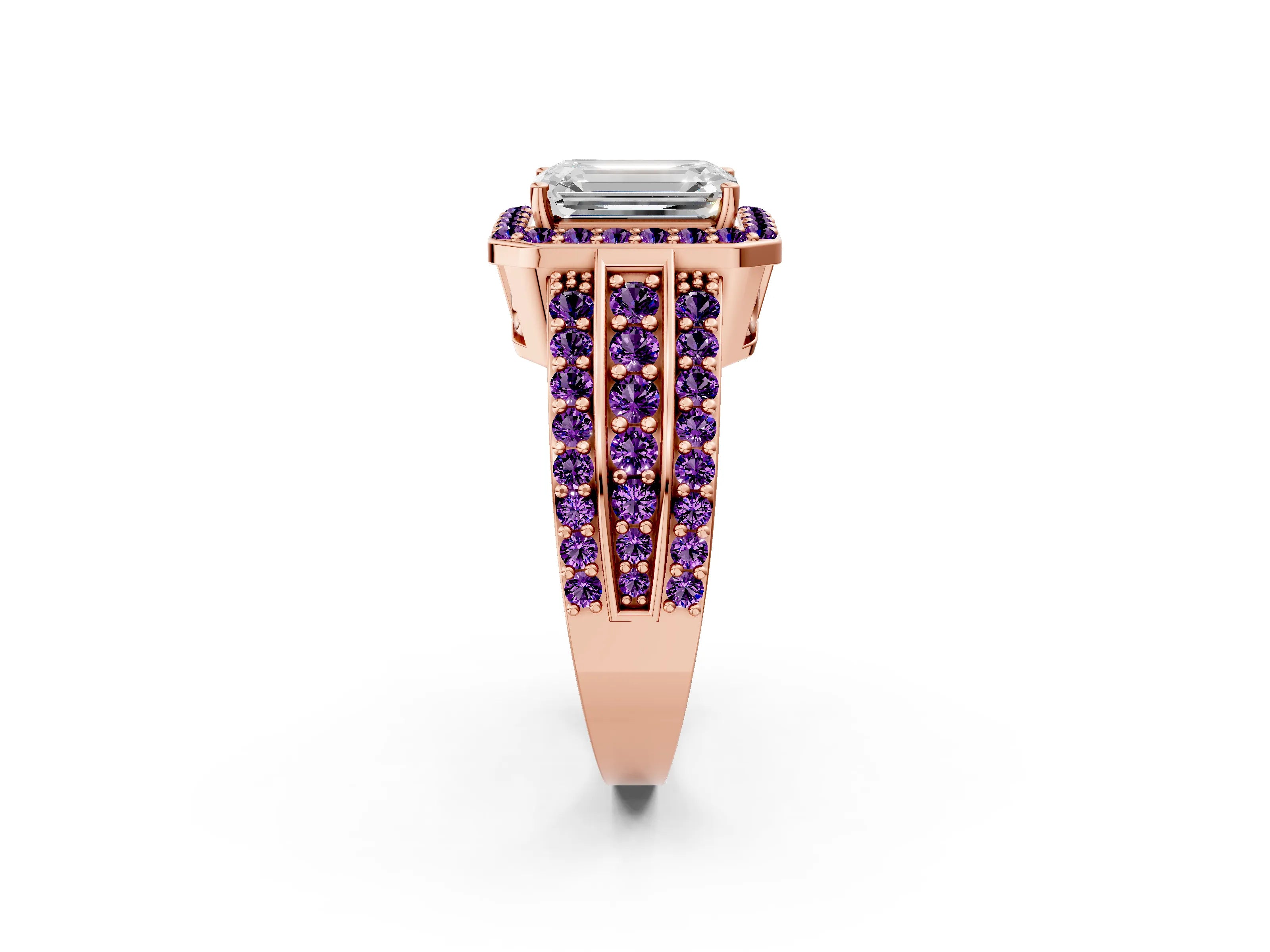 Rose gold Emerald Cut Halo Diamond Ring with Round with Amethyst side stone Split Shank and Prong Setting_2