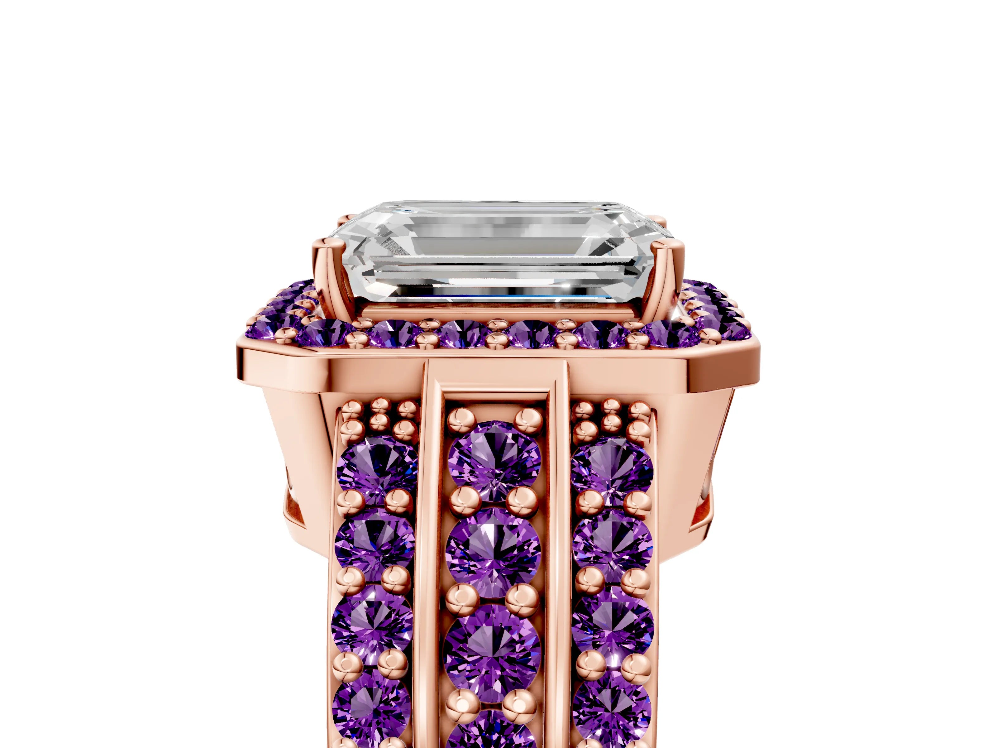 Rose gold Emerald Cut Halo Diamond Ring with Round with Amethyst side stone Split Shank and Prong Setting_5