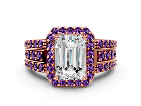 Rose gold Emerald Cut Halo Diamond Ring with Round with Amethyst side stone Split Shank and Prong Setting