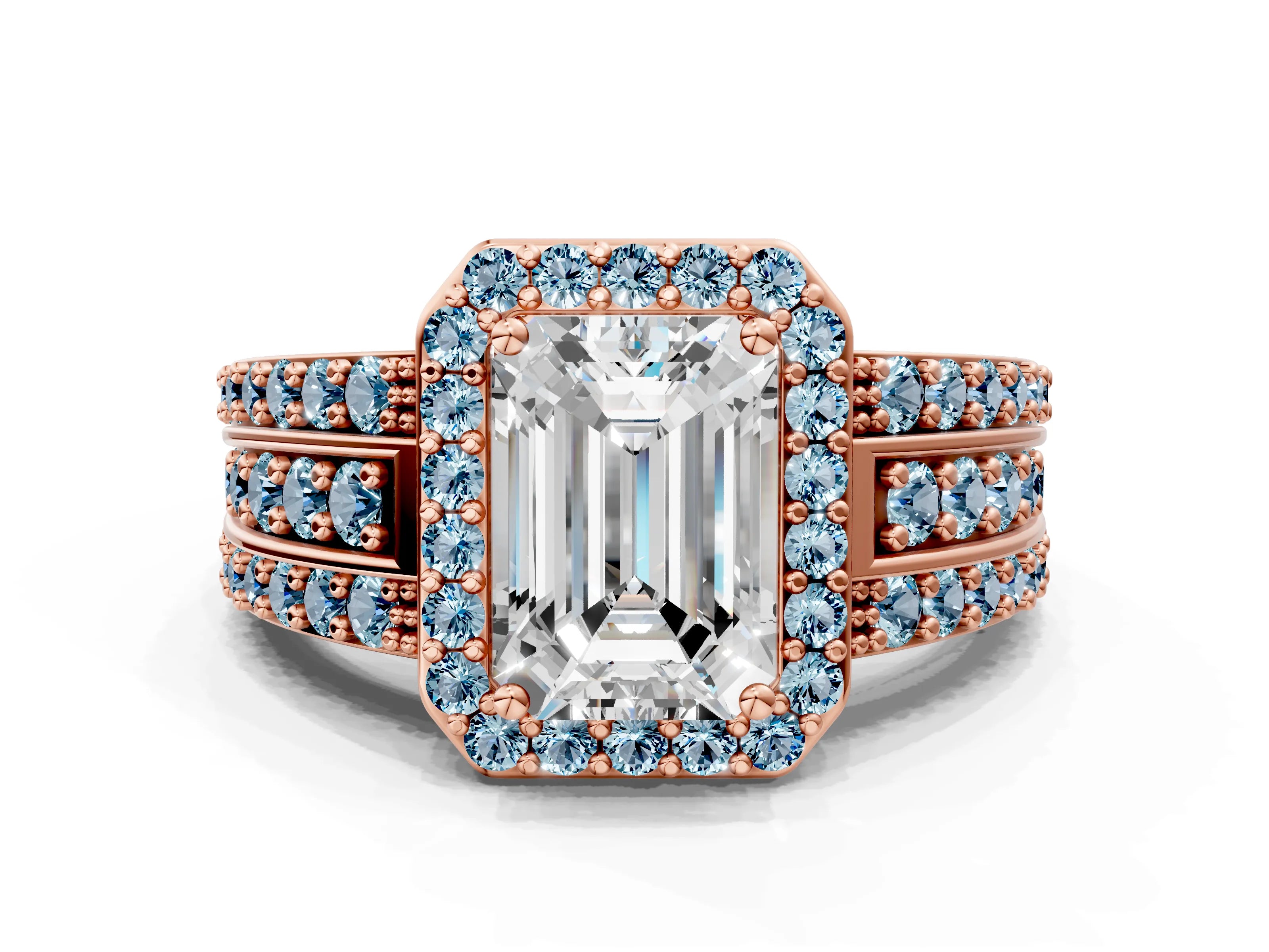 Rose gold Emerald Cut Halo Diamond Ring with Round with Aquamarine side stone Split Shank and Prong Setting